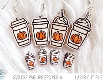 Archivo SVG de pendientes de café con calabaza para cortadora láser, pendientes de otoño con sabor a latte de calabaza y especias, PSL, joyería de madera grabada y cortada con láser, Xtool, Glowforge
