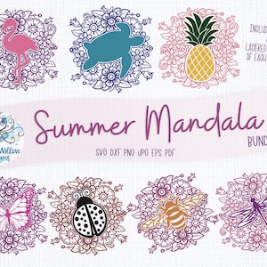 Zomermandala SVG, bijenmandala, bloemenmandala, flamingo-mandala, schildpad-mandala, ananas-mandala, vlinder-mandala, libel, lieveheersbeestje