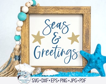 Seas & Greetings SVG, Seas And Greetings Svg, Frase divertida de Navidad en la playa, Letrero navideño playero Png, Archivo de calcomanía de vinilo para Cricut