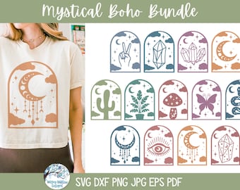 Mystical Boho SVG Bundle for Cricut, Cottagecore Mushroom, Celestial Crystals, Magical Moon, Witchy Spiritual T-Shirt Design Cut Files, PNG