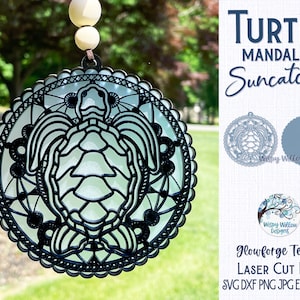 Adorno atrapasol de mandala de tortuga para Glowforge o cortador láser SVG, atrapasol de mandala de tortuga marina de verano Svg, adorno, archivo cortado con láser, AI