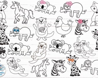 Pacote SVG de animais para Cricut, pacote de contorno de animais fofos, arquivos de animais bebês, preguiça, raposa, frango, lontra, zebra, girafa, coala, JPG, PNG