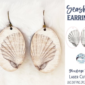 May include: A pair of wooden seashell earrings with a light brown wood finish. The earrings are oval shaped and feature a detailed seashell design. The earrings are laser cut and ready to be assembled.