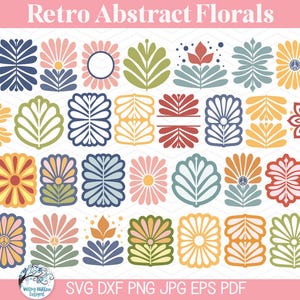 May include: A collection of 38 retro abstract floral designs in various colors, including pink, yellow, blue, and green. The designs feature stylized flowers and leaves, with the text "Retro Abstract Florals" at the top.