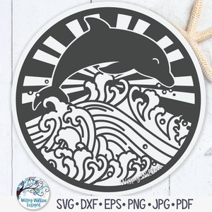 Delphin SVG, Meerestier Schwimmen am Strand Wellen und Sonne, Strandschild, Nautisches Png, Sommer Kreis Png, Ozean Dxf, Vinyl Aufkleber Datei für Cricut