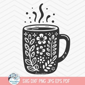 May include: Black and white silhouette of a coffee mug with a floral design and steam rising from the top.
