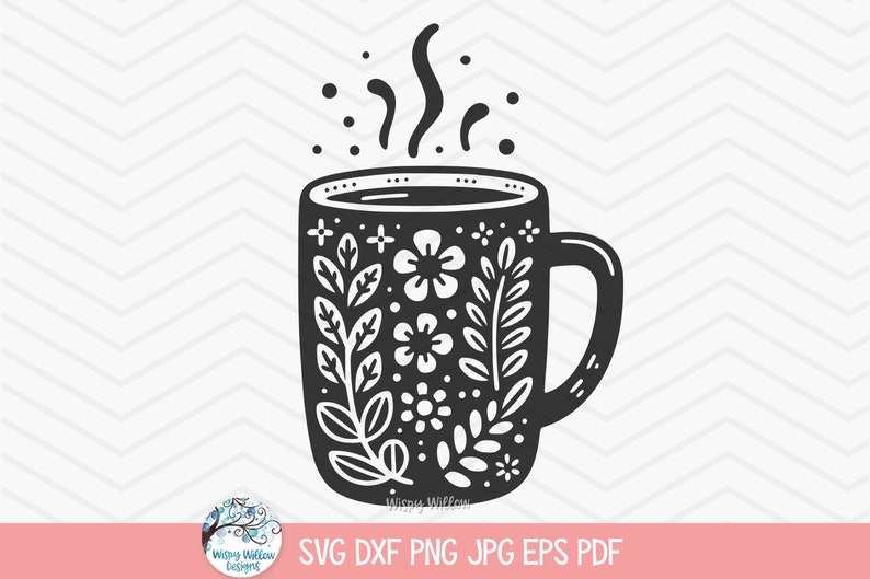 May include: Black and white silhouette of a coffee mug with a floral design and steam rising from the top.