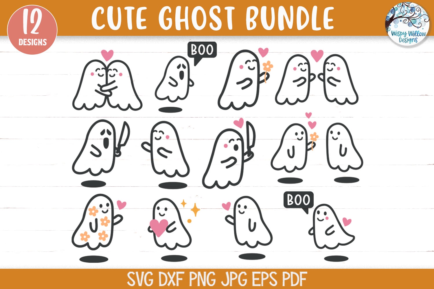 Cute Ghost SVG Bundle for Cricut, Retro Halloween Ghost Doodles PNG ...