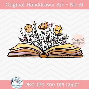 Book with Flowers Sublimation PNG, Floral Book PNG, Book with Flowers Growing, Vintage Book, Reading, Read, Yellow Book Png, Sublimation image 1