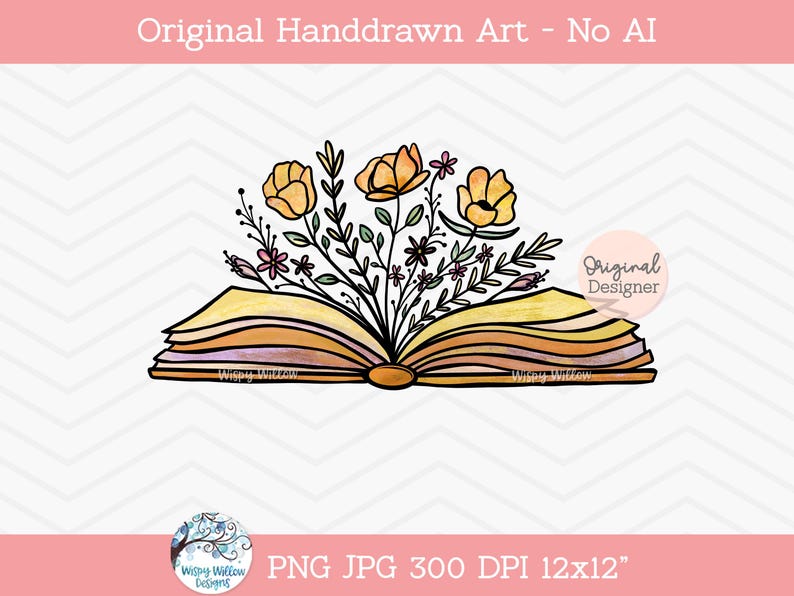 Book with Flowers Sublimation PNG, Floral Book PNG, Book with Flowers Growing, Vintage Book, Reading, Read, Yellow Book Png, Sublimation image 1