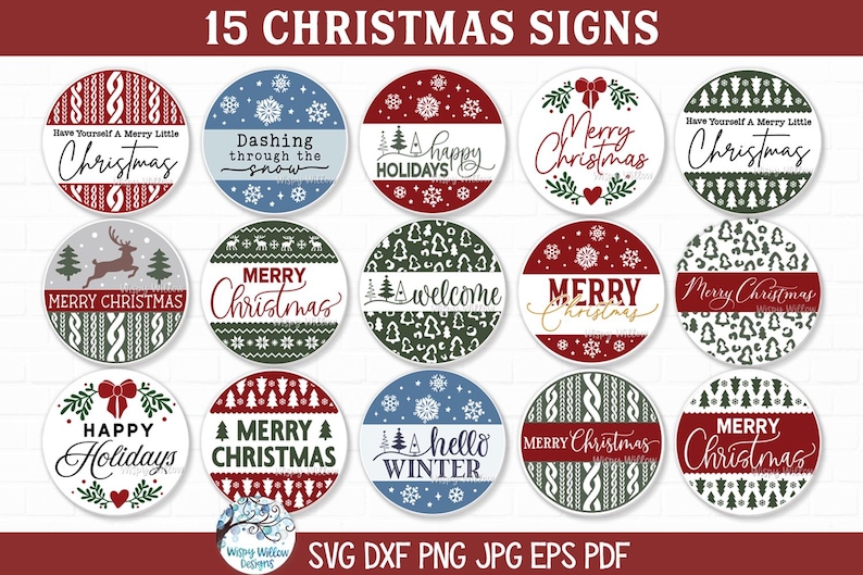 Christmas SVG Bundle for Cricut, Winter Happy Holidays Round Door Signs PNG, Merry Christmas Welcome Door Hanger JPG Printable, Cut File image 1