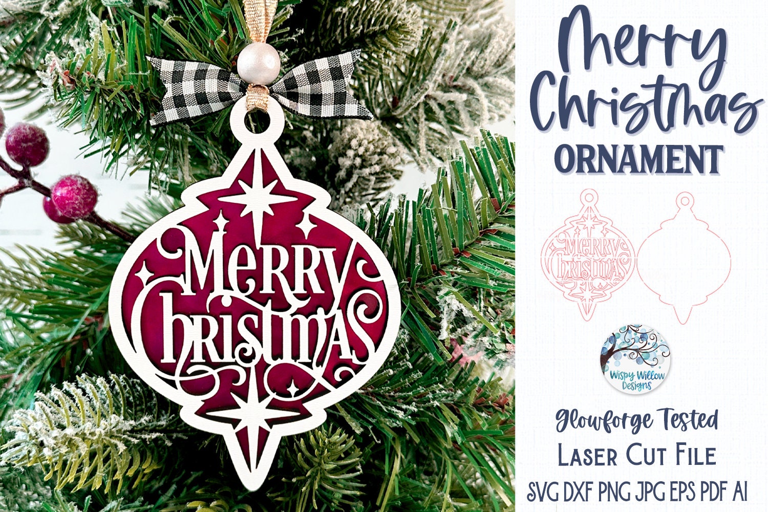 Merry Christmas Ornament SVG File for Glowforge or Laser Cutter, Winter ...