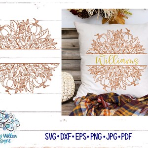 Op de afbeelding: Een digitaal ontwerp met een herfstkrans met pompoenen, bladeren en bessen. De krans is in tweeën gedeeld met het woord "Williams" in gouden tekst in het midden. Het ontwerp is perfect voor het maken van gepersonaliseerde herfstambachten.