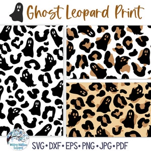 May include: Three seamless patterns featuring black ghost silhouettes on a white background, black ghost silhouettes on a brown leopard print background, and black ghost silhouettes on a white leopard print background. The text "Ghost Leopard Print" is at the top of the image.