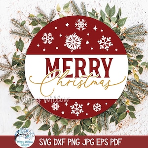 Merry Christmas SVG Sign for Cricut, Winter Snowflake Round Sign, Holiday Phrase Farmhouse Decor PNG, Door Hanger Cut File, JPG Printable
