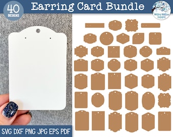 May include: A digital collection of 40 earring card designs labelled Earring Card Bundle. The set includes a variety of brown, flat, die-cut shapes with pre-punched holes for jewellery display, presented alongside a single white sample card.