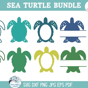 May include: A collection of sea turtle designs in various colors, including teal, green, and blue. The image features outlines and filled-in silhouettes of turtles, some with space for text. The phrase "SEA TURTLE BUNDLE" is at the top.