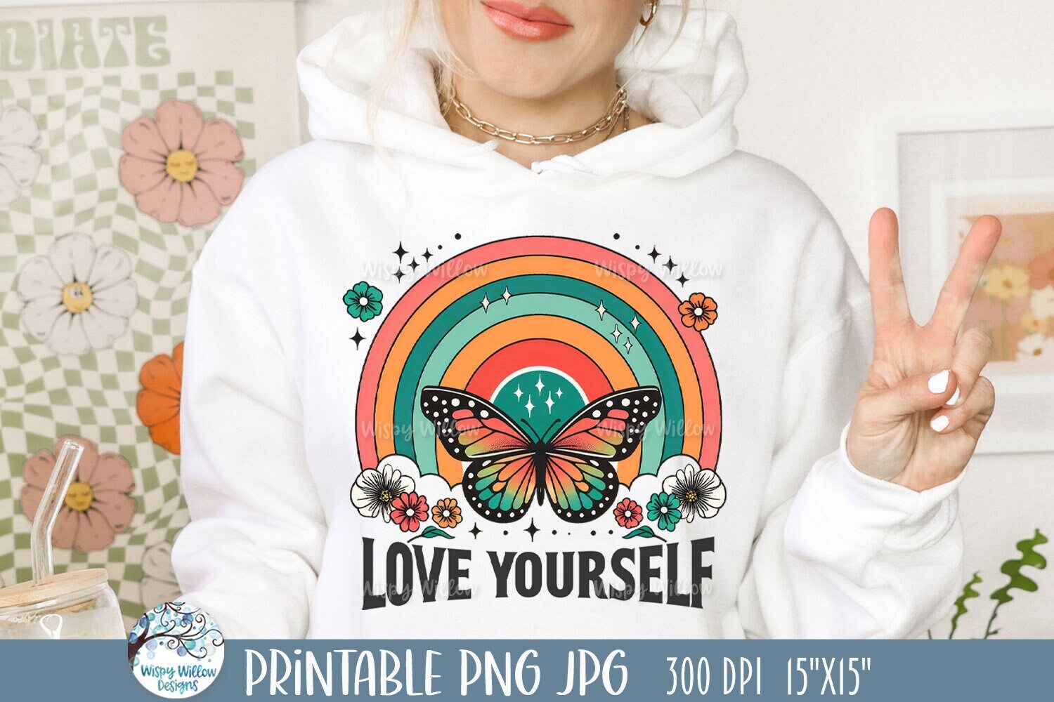 Amate a ti mismo mariposa PNG sublimacion retro groovy inspirador amor propio mariposa imprimible JPG diseno de camisa de moda motivacional Etsy Mexico
