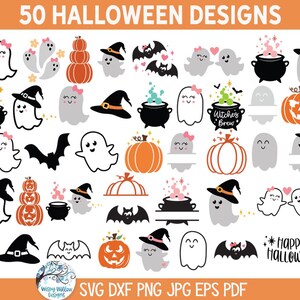 May include: A collection of 50 Halloween designs featuring ghosts, pumpkins, bats, and cauldrons in black, orange, white, and pink. The text 50 HALLOWEEN DESIGNS appears at the top, and SVG DXF PNG JPG EPS PDF is at the bottom of the image.