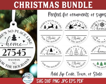 Não há lugar como o lar para as férias Pacote SVG para Cricut, enfeite de Natal, nova casa, código postal, cidade, vinil e arquivo cortado a laser