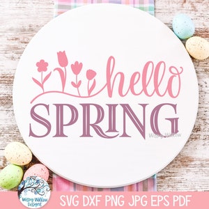 Hallo Frühling SVG für Cricut, Blume Willkommensschild für Haustür PNG, Bauernhaus Ostern Türschild, Vinyl Aufkleber Schnitt Datei Download JPG