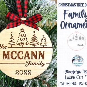 Christmas Tree Doodle Family Ornament SVG File for Glowforge or Laser Cutter, Personalized Christmas Ornament with Last Name and Date