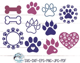 Bundle SVG empreinte de patte de chien, empreintes de pattes avec fichier sticker coeurs vinyle pour Cricut, monogramme SVG pour animaux de compagnie, clipart os de chien, impression de griffe d'animal Png