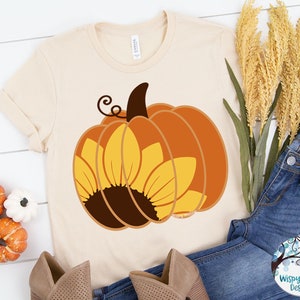 Calabaza con girasol SVG, Diseño de camisa de calabaza de otoño PNG, Svg de Acción de Gracias, Sublimación de calabaza floral, Descarga de archivos de corte de calcomanía de vinilo