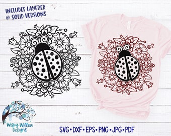 Lieveheersbeestje en bloem Mandala SVG, png, lieveheersbeestje SVG, Lady Bug Mandala, lieveheersbeestje Mandala Svg, lente, zomer, lieveheersbeestje decal bestand, dierlijke Mandala