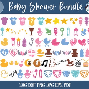 Baby Shower SVG Bundle for Cricut, Baby Bodysuit SVGs, New Baby Clipart PNG JPG, Gender Reveal, Pacifier, Diaper, Stroller, Bottle, Cut File