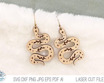Snake Earring File SVG for Laser Cutter, Mystical Witchy Celestial Halloween Earring, Boho Engraved Wood Jewelry Design, Glowforge Xtool