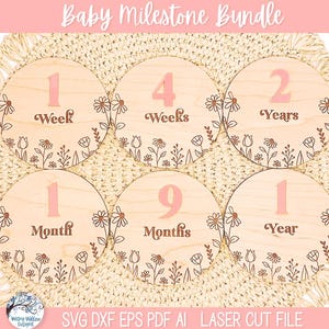 Baby meisje mijlpaal schijf SVG-bundel, teken wilde bloemen pasgeborene, week, maand, jaar, bloemen ronde foto prop, Glowforge lasersnijderbestand,