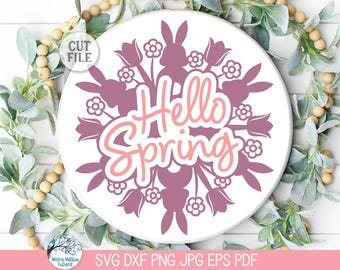 Hallo Lente Rond Bordje SVG-bestand Cricut, Paashaas Tulpenbloem Mandala, Deurhanger PNG, Lente Rond Bordje, Laser, Vinyl Snijbestand