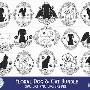 May include: A digital collection of 15 black and white graphic designs featuring dogs and cats. The illustrations include silhouettes and line art of pets surrounded by floral wreaths, paw prints, and angel wings, with some designs labeled In Memory.