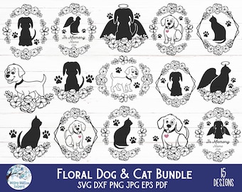 Floral Dog and Cat SVG Bundle for Cricut, Cute Baby Pets with Flowers, Puppy, Kitty Angel, In Memory Remembrance Quotes, DXF Download, PNG