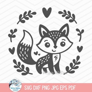 Renard SVG pour Cricut, renard des bois Doodle Clipart PNG JPG, bébé renard lunatique, animal mignon de la forêt, baby shower, chambre d'enfant, sticker vinyle