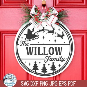 Christmas Family Name Sign SVG for Cricut, Santa Claus Round Farmhouse Sign, Personalized Winter Door Hanger PNG, Vinyl Cut File Download