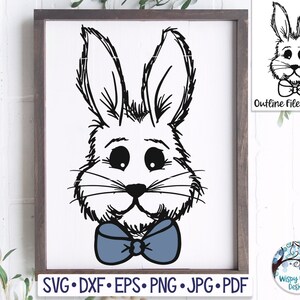 Coniglietto pasquale con fiocco SVG, Coniglio pasquale maschio per Cricut Png, Clip Art coniglietto pasquale, Disegno schizzo, File di taglio decalcomania in vinile