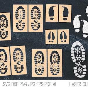 Pacote SVG de pegadas de botas de Papai Noel, estêncil de véspera de Natal infantil, sapatos de elfo, pegadas de patas de rena, arquivo cortado a laser, Glowforge, xTool