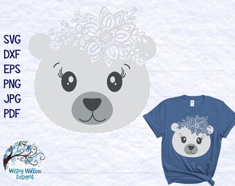 Floral Polar Bear SVG, DXF,  png, Cute Polar Bear Face SVG, Floral Bear, Cute Winter Animal Svg, Cricut, Christmas Svg, Vinyl Decal, Winter