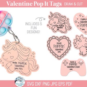 Valentijnsdag pop-it sleutelhanger SVG-bundel voor Cricut, tekenen en knippen één regelbestand, schattige eenhoorn, dinosaurus, hart, videogametag voor kinderen