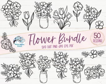 Flower SVG Bundle, 50 Flower SVG Cut Files, Hand drawn Flowers, Flower SVG, Tulips, Flowers in  Jar, Farmhouse Flowers, WildFlower Bouquet