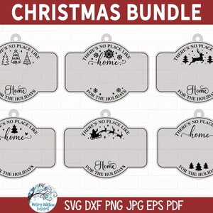 May include: A Christmas bundle of six light grey rectangular tags with rounded corners and hanging holes. Each tag features black text reading "THERE'S NO PLACE LIKE HOME FOR THE HOLIDAYS" with various holiday icons including trees, snowflakes, a reindeer, and Santa.