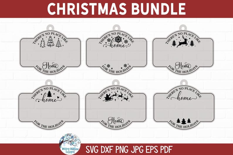 May include: A Christmas bundle of six light grey rectangular tags with rounded corners and hanging holes. Each tag features black text reading "THERE'S NO PLACE LIKE HOME FOR THE HOLIDAYS" with various holiday icons including trees, snowflakes, a reindeer, and Santa.