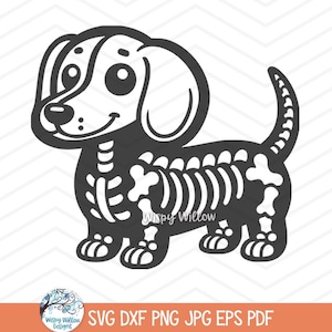 May include: Black and white illustration of a dachshund skeleton with a cute cartoon face. The dog is standing on all fours with its tail curled up.