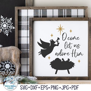 O Come Let us Adore Him SVG voor Cricut, religieuze kerstliedteksten citeer PNG, christelijke boerderij vinyl decal gesneden bestand voor silhouet