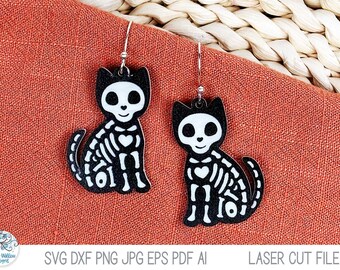 Cat Skeleton Earring SVG File for Laser Cutter, Kitten Halloween Jewelry for Glowforge, Xtool, Funny Fall Pet Animal Earring Design DXF