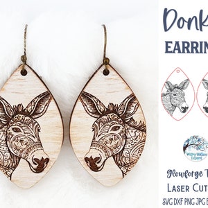 Donkey Earring SVG File for Glowforge or Laser Cutter, Farm Animal Earrings, Animal Mandala Jewelry, Farmhouse Digital Download File AI, Dxf
