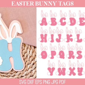 Paquete de archivos SVG de etiquetas con el alfabeto del conejito de Pascua para Cricut, etiqueta de canasta de Pascua, letras ABC con orejas de conejo, monograma de papel para manualidades de vacaciones de primavera