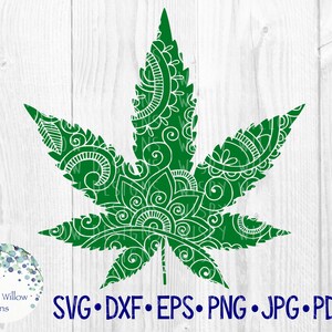 May include: Green marijuana leaf with a white mandala pattern inside. The leaf is isolated on a white wood background. SVG, DXF, EPS, PNG, JPG, PDF.